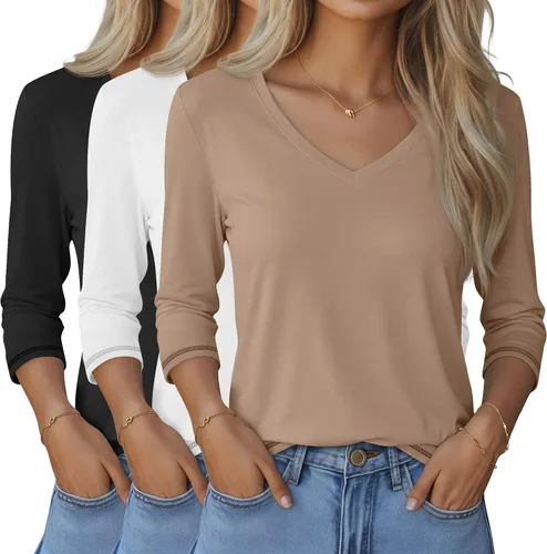 Vista 12 de Ficerd Paquete de 3 camisetas de manga 3/4 para mujer, cuello en V, blusas holgadas, blusas casuales, ropa de moda 2026