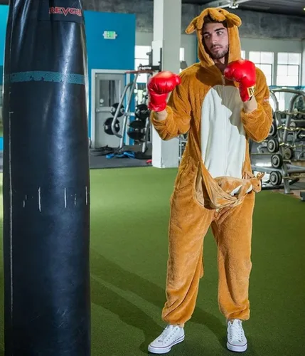 Vista 6 de Tipsy Elves Disfraz de canguro de Halloween para hombre, overol marrón para adultos, disfraz de Halloween para hombre, capucha con cremallera