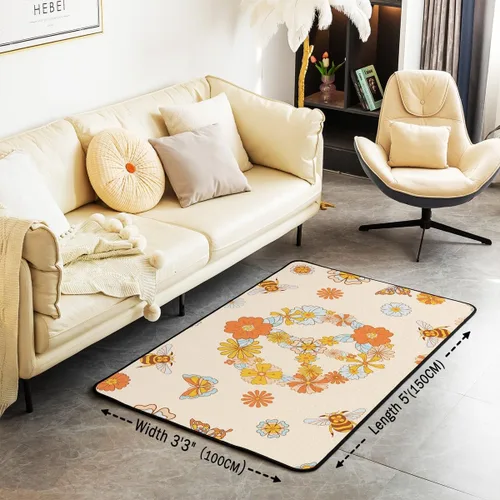 Vista 3 de jejeloiu Hippie Peace Art Living Room Rugs Retro Hippie Flower Area Rug for Kids Boys Teens Butterfly Bee Peace Sign Artwork 60S 70S Groovy Floral