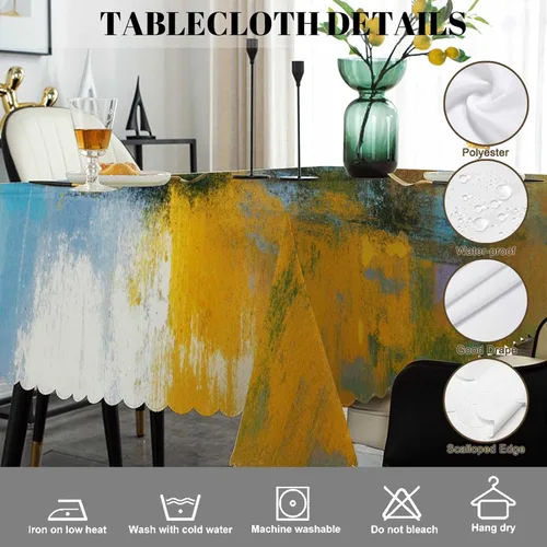 Vista 4 de Swono Mantel rectangular de pintura abstracta, diseño de bola de sol, color amarillo, turquesa, mantel de pícnic, mantel de poliéster para cocina