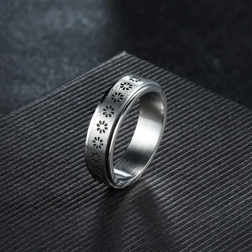 Vista 6 de FIBO STEEL Anillo giratorio de acero inoxidable para mujeres y hombres, anillos de banda para la ansiedad, luna y estrella, flores, juego de anillos