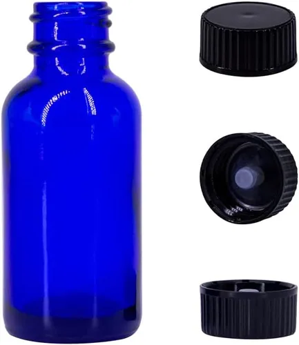 Vista 2 de Botellas redondas Boston de vidrio azul cobalto de 1 oz con tapa acanalada negra, paquete de 24