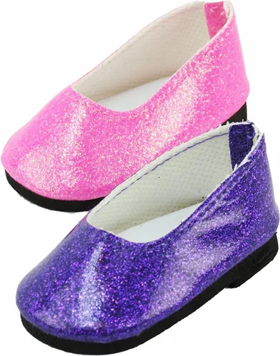 Vista 12 de American Fashion World Zapatos planos con lazo de diamante metálico rosa intenso, lavanda y verde azulado para muñecas de 14 pulgadas, paquete de 3