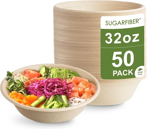 Vista 14 de Harvest Pack GOURMET SHOWCASE - [50 unidades] Cuencos de papel redondos de 12 onzas libres de PFAS - Cuencos de bagazo compostables, resistentes