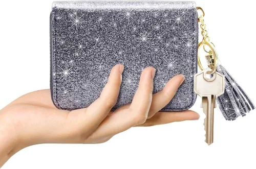 Vista 4 de Coco Rossi Billetera pequeña para tarjetas de crédito RFID con purpurina linda para mujer