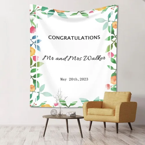 Vista 3 de Telón de fondo de boda personalizado, tapiz de felicitaciones de flores coloridas personalizado con nombres y fecha, pancarta de boda personalizada