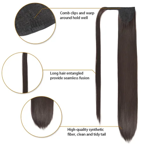 Vista 4 de Extensión de cola de caballo larga y recta, cola de caballo con clip, 32 pulgadas, resistente al calor, sintético, cola de caballo de pelo castaño