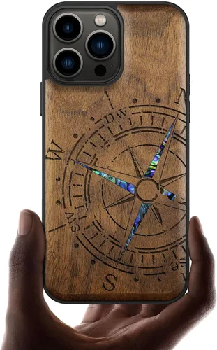Vista 9 de Carveit Funda protectora de madera de diseñador para iPhone 13 Pro Max, cubierta magnética, grabado en madera e incrustaciones de concha, funda