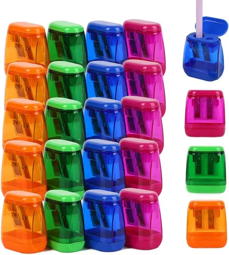 Vista 10 de BOPART - Sacapuntas manuales de colores a granel, 24 sacapuntas de mano pequeños con doble agujero con tapa para niños y adultos en el aula