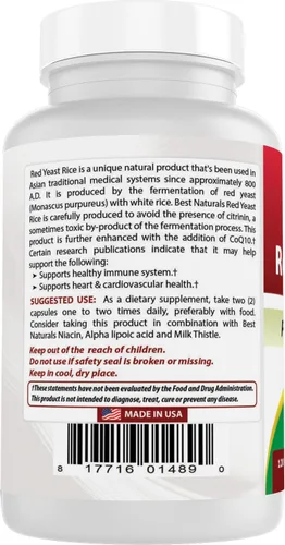 Vista 7 de Best Naturals Arroz de levadura roja con CoQ10, 120 cápsulas - Fórmula cardiovascular contiene 600 mg de arroz de levadura roja y 30 mg de CoQ10