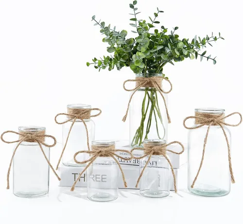 Vista 9 de Jarrones de vidrio vintage para flores, juego de 3 jarrones transparentes para centro de mesa de boda estilo granja, botella cilíndrica