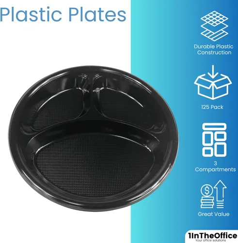 Vista 2 de Platos seccionales de plástico de 10 pulgadas con 3 compartimentos, platos desechables con compartimento, placas seccionales redondas negras de 10