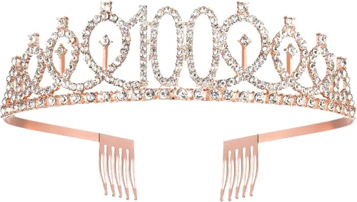 Vista 3 de Corona y tiara de cumpleaños de oro rosa para mujer, regalos para fiesta de cumpleaños número 100