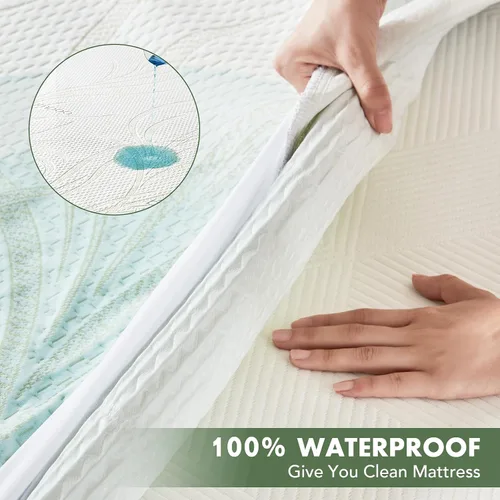 Vista 3 de Protector de colchón impermeable tamaño individual XL, protector de colchón transpirable de rayón de bambú con bolsillos elásticos profundos