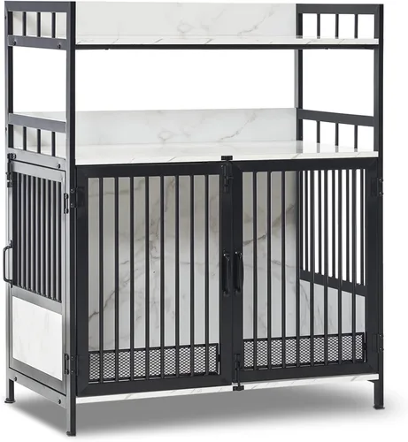 Vista 8 de MCombo Jaula para perros estilo muebles de 34 pulgadas con estantes de almacenamiento, mesa auxiliar de madera resistente para perros, casa de Marrón