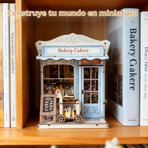 Vista 6 de Kit de construcción de casa en miniatura DIY, kit de rincón de lectura de panadería, rompecabezas de madera en 3D para estanterías, kit de casa