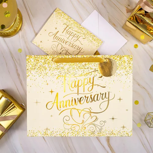 Vista 3 de LeZakaa Bolsa de aniversario de boda de 13 pulgadas con papel de seda, etiqueta y tarjeta de felicitación, bolsa de regalo con purpurina dorada
