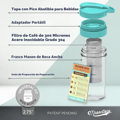 Vista 2 de Masontops Kit para preparar café frío – Cafetera helada de lujo con jarra de vidrio y filtro de malla de acero inoxidable – Sistema de nevera fácil