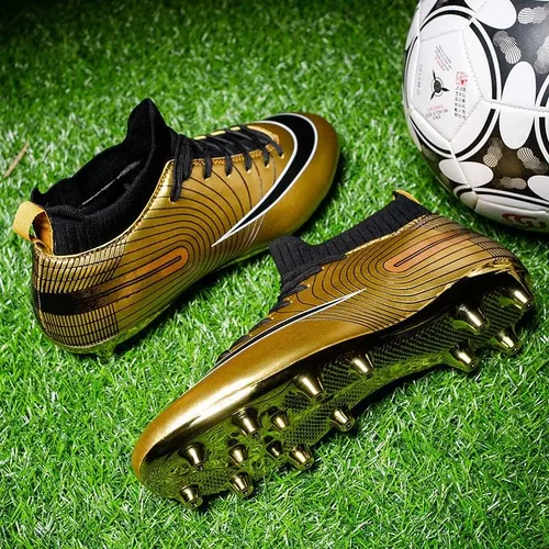 Vista 7 de Botines de fútbol de grado profesional botas de fútbol unisex de alta calidad con picos y suelas de suela dorada para entrenamiento en exteriores e