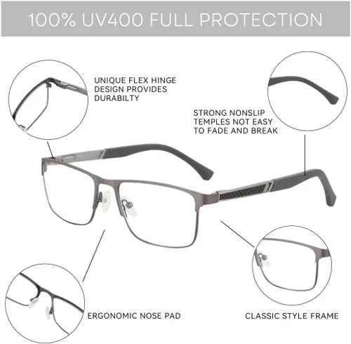 Vista 5 de ZENOTTIC Gafas de lectura con luz azul para hombre, lectores de computadora, marco de metal cuadrado de moda, antirreflejos