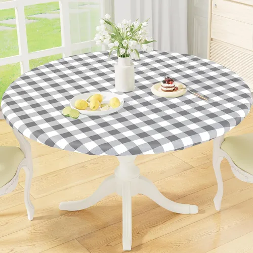 Vista 12 de misaya Mantel redondo ajustable con borde elástico, mantel de vinilo impermeable a cuadros de búfalo con parte trasera de franela para mesas