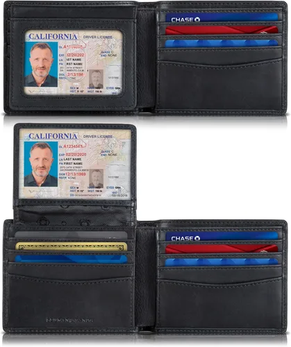 Vista 22 de SERMAN BRANDS Billetera de piel con 2 ventanas de identificación para hombre, con bloqueo RFID, doble tapa superior, billetera de viaje de capacidad
