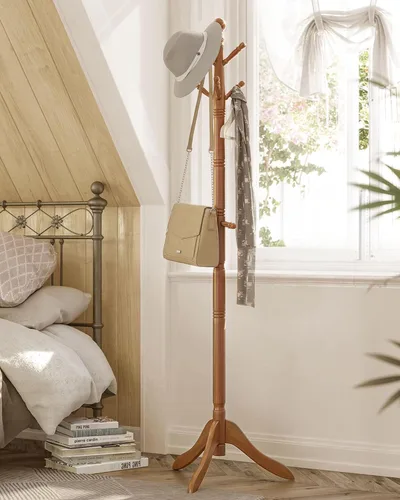 Vista 6 de VASAGLE Perchero de madera maciza y soporte, árbol de pasillo independiente con 10 ganchos para sombreros, bolsos, carteras, para entrada, pasillo