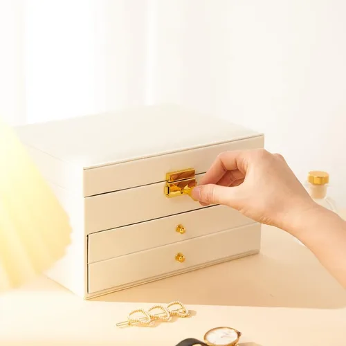 Vista 8 de HALUS HAUNTER Joyero organizador de cuero sintético con cajón, joyero grande con forro de terciopelo, organizador de aretes y organizador de joyas