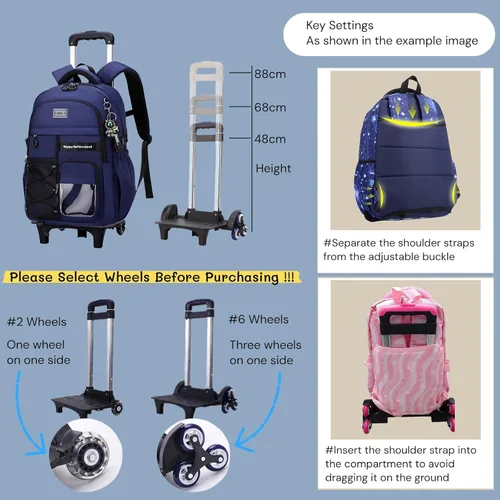 Vista 3 de MITOWERMI Mochila con ruedas para niñas y niños, Negro de 2 ruedas, Mochilas Daypack