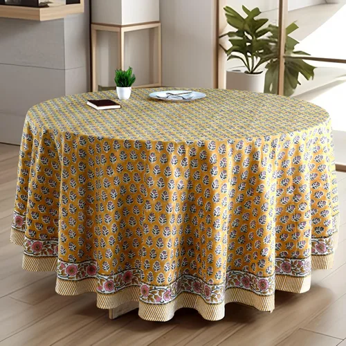 Vista 12 de CPC Mantel redondo - Mantel de algodón con estampado de bloques indios - Mantel de algodón impreso a mano y lavable - Primavera/Verano, mantel