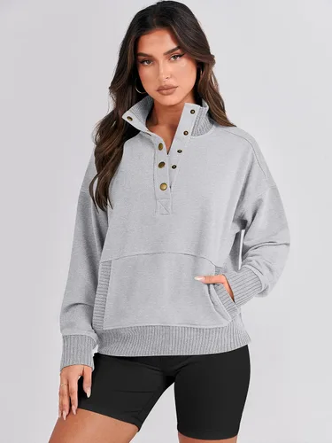 Vista 2 de ANRABESS Sudadera casual de manga larga para mujer, con botones, cuello en V, holgada, con bolsillos