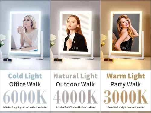 Vista 2 de Espejo de tocador iluminado con luces, espejo de maquillaje con luz, 16.7" x 13.2", tres modos de iluminación de color e iluminación regulable