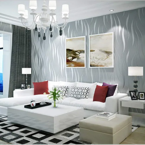 Vista 3 de Papel pintado no tejido de moda simple 3D en relieve tridimensional flocado rayas de ondas espumosas dormitorio sala de estar TV fondo pared