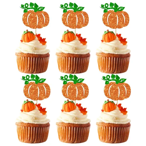 Vista 9 de Gyufise 24 piezas de decoración de cupcakes de calabaza con purpurina para temática de otoño, Acción de Gracias, Halloween, baby shower, niños