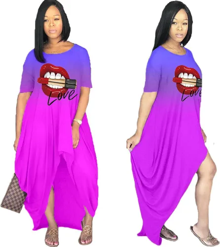 Vista 4 de Vestido de manga larga para mujer, sexy, con estampado de labios, cuello redondo, holgado, casual, irregular, vestido maxi de otoño