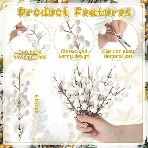 Vista 2 de Thiccywoov Paquete de 18 tallos de bayas blancas artificiales de Navidad Blanco