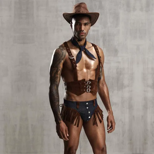 Vista 3 de Conjunto de lencería sexy de vaquero para hombre, disfraz de uniforme retro para juego de roles