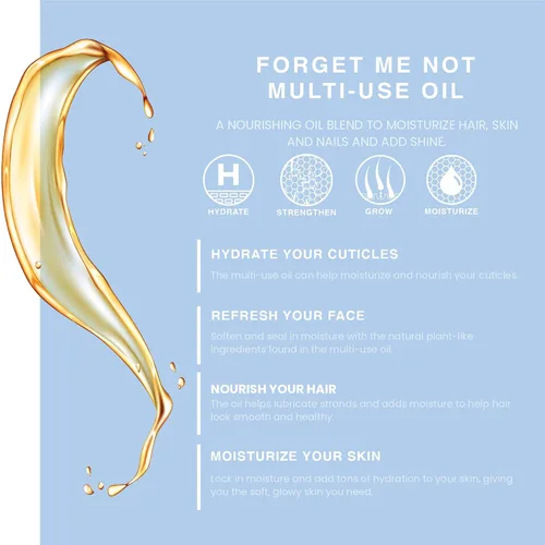 Vista 3 de Aceite multiusos para rostro, cuerpo y cabello, Forget Me Not, mezcla orgánica de albaricoque, vitamina E y aceite de almendras dulces hidratante