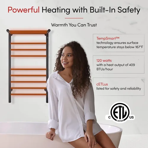 Vista 9 de WarmlyYours Calentadores de toallas negros para baño, toallero térmico negro montado en la pared con estante, 11 barras de acero inoxidable, 20 x 36