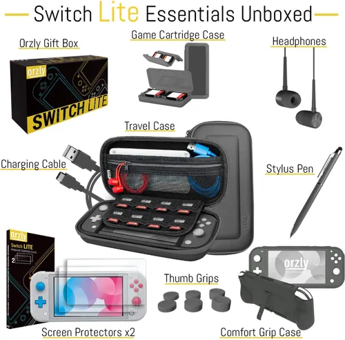 Vista 3 de Orzly Switch Lite Accessories Bundle - Funda y protector de pantalla para consola Nintendo Switch Lite cable USB soporte para juegos funda de agarre