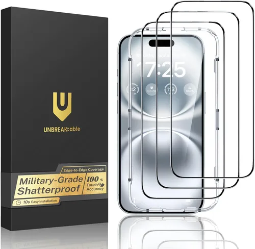 Vista 19 de UNBREAKcable Paquete de 3 protectores de pantalla para iPhone 15, vidrio templado doble a prueba de roturas [marco de instalación fácil]
