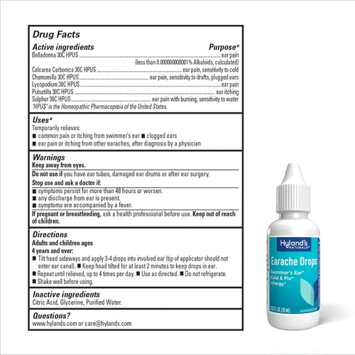 Vista 8 de Hyland's Gotas para el dolor de oído, alivio natural del oído de nadador, resfriado y gripe, síntomas de alergia, a partir de 4 años, día y noche