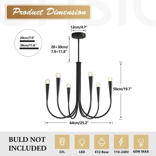 Vista 2 de Lámpara colgante moderna de 6 luces para comedor, cocina, sala de estar, lámpara industrial rústica negra MPL26-6 BK