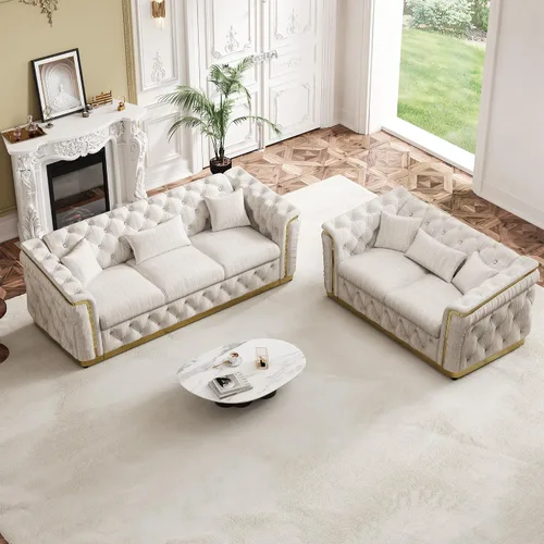 Vista 31 de Sofá Chesterfield de terciopelo de 62.5 pulgadas con respaldo copetudo y detalles dorados, beige Blanco