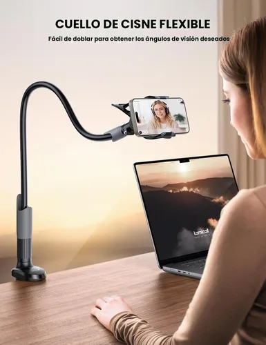 Vista 2 de Lamicall Soporte para teléfono con cuello de cisne para cama, clip de abrazadera de montaje para teléfono celular, brazo largo flexible, montaje