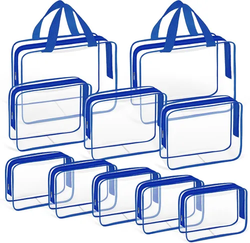 Vista 12 de TISRATOK Neceser de maquillaje transparente de viaje de 10 piezas, plástico PVC cosmético aprobado por la TSA Kit organizador con bolso con Negro