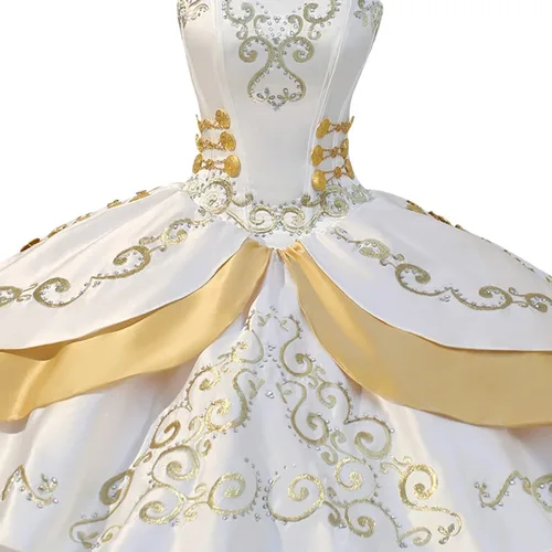Vista 3 de Vestido de quinceañera XV con bordado de espirales brillantes con escalones, color marfil y dorado