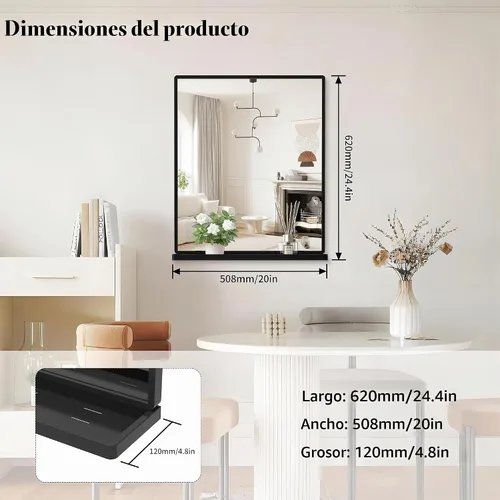 Vista 3 de Espejo de baño con estante, espejo de pared rectangular negro, marco de metal, colgante horizontal o vertical (24 x 20 pulgadas)