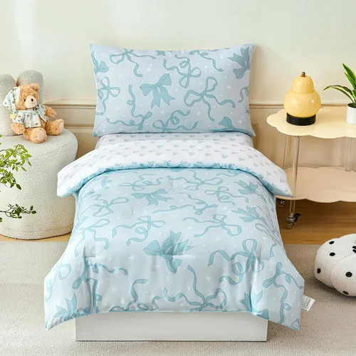 Vista 13 de PERFEMET Juego de cama de 4 piezas para niños pequeños con edredón de autos para niños, reversible, ligero, vehículos azules, juego de cama