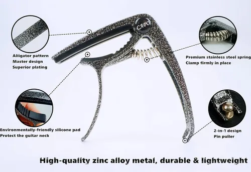 Vista 3 de Cejilla para guitarra, Cejilla ligera de aleación de zinc para guitarras acústicas y eléctricas, bajo, mandolina, banjo, ukelele (Negro plateado)